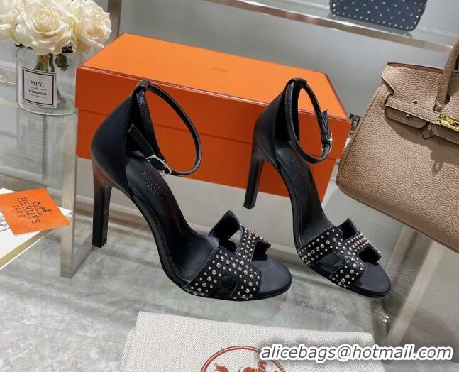 Best Grade Hermes Premiere Studded Leather High Heel cm Sandals 0216107 Black