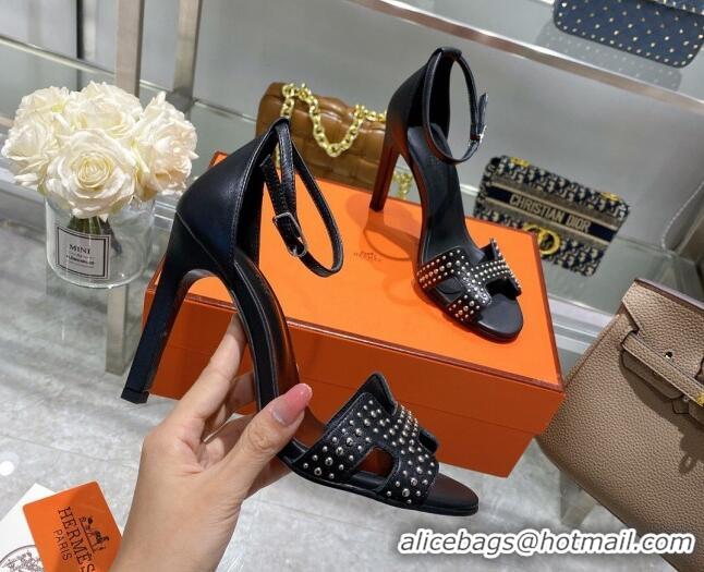 Best Grade Hermes Premiere Studded Leather High Heel cm Sandals 0216107 Black