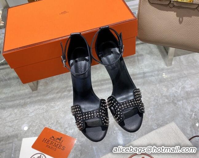 Perfect Hermes Premiere Studded Leather High Heel 9cm Sandals 0216109 Black