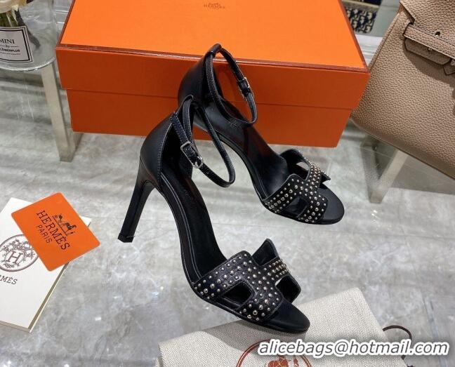 Perfect Hermes Premiere Studded Leather High Heel 9cm Sandals 0216109 Black