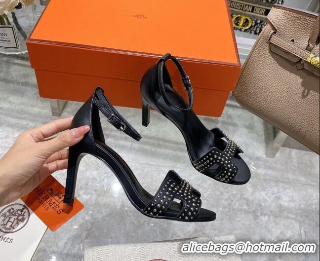 Perfect Hermes Premiere Studded Leather High Heel 9cm Sandals 0216109 Black