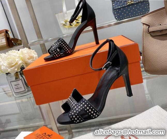 Perfect Hermes Premiere Studded Leather High Heel 9cm Sandals 0216109 Black