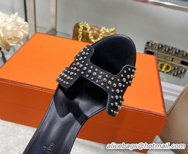 Perfect Hermes Premiere Studded Leather High Heel 9cm Sandals 0216109 Black