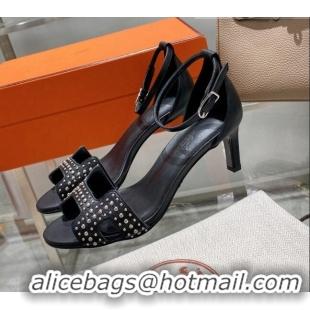 Grade Quality Hermes Premiere Studded Leather Medium Heel 7cm Sandals 0216110 Black