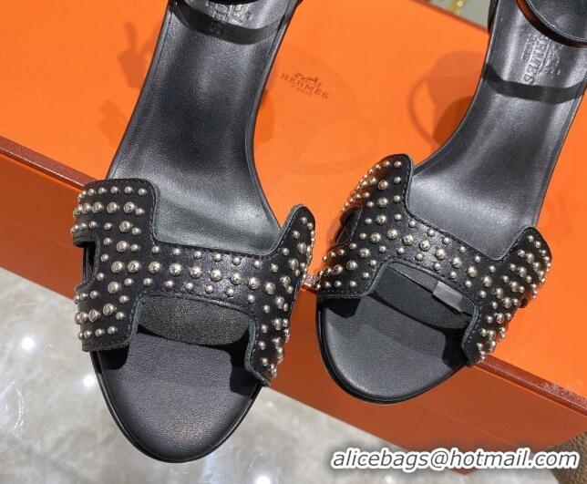 Grade Quality Hermes Premiere Studded Leather Medium Heel 7cm Sandals 0216110 Black