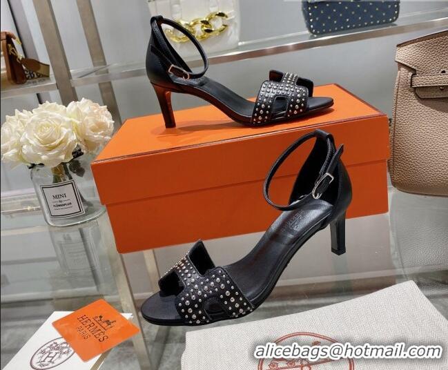 Grade Quality Hermes Premiere Studded Leather Medium Heel 7cm Sandals 0216110 Black