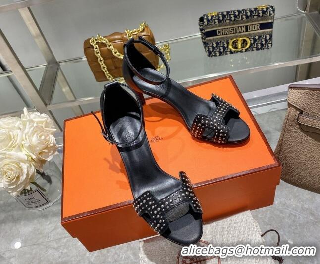 Grade Quality Hermes Premiere Studded Leather Medium Heel 7cm Sandals 0216110 Black