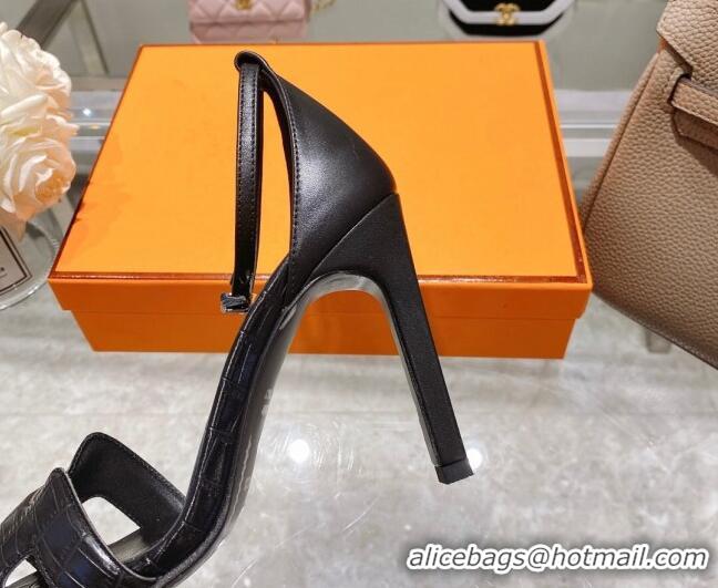 Good Quality Hermes Premiere Crocodile Embossed Leather High Heel 10.5cm Sandals 0216111 Black