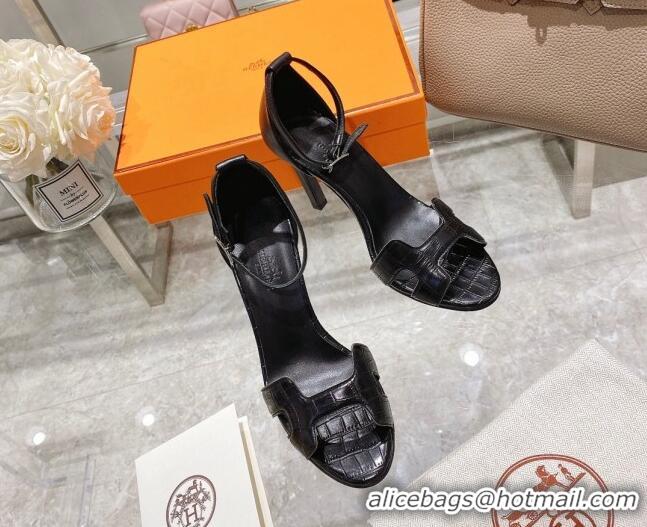 Good Quality Hermes Premiere Crocodile Embossed Leather High Heel 10.5cm Sandals 0216111 Black