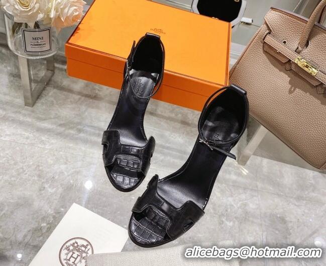 Good Quality Hermes Premiere Crocodile Embossed Leather High Heel 10.5cm Sandals 0216111 Black