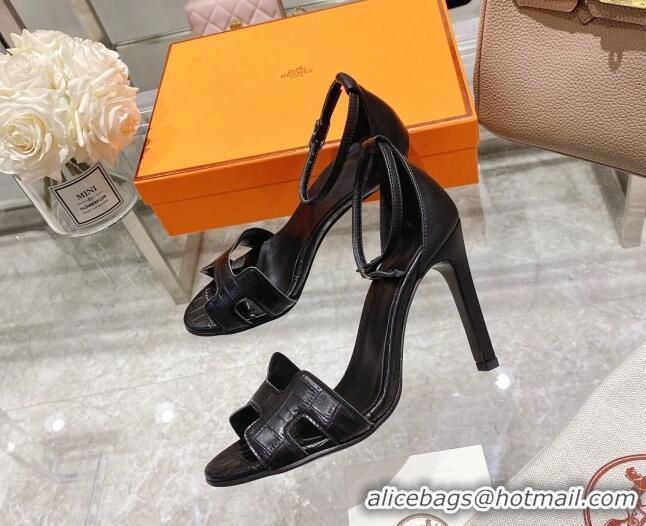 Good Quality Hermes Premiere Crocodile Embossed Leather High Heel 10.5cm Sandals 0216111 Black