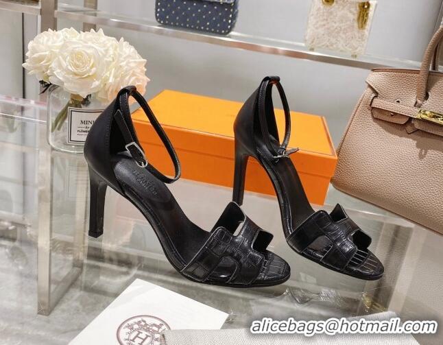 Good Quality Hermes Premiere Crocodile Embossed Leather High Heel 10.5cm Sandals 0216111 Black