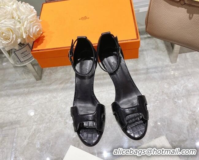 Best Grade Hermes Premiere Crocodile Embossed Leather High Heel 9cm Sandals 0216112 Black