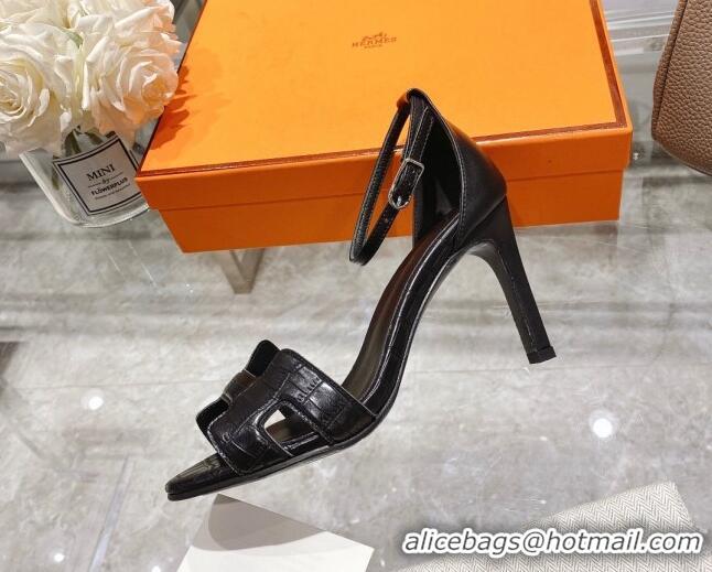 Best Grade Hermes Premiere Crocodile Embossed Leather High Heel 9cm Sandals 0216112 Black