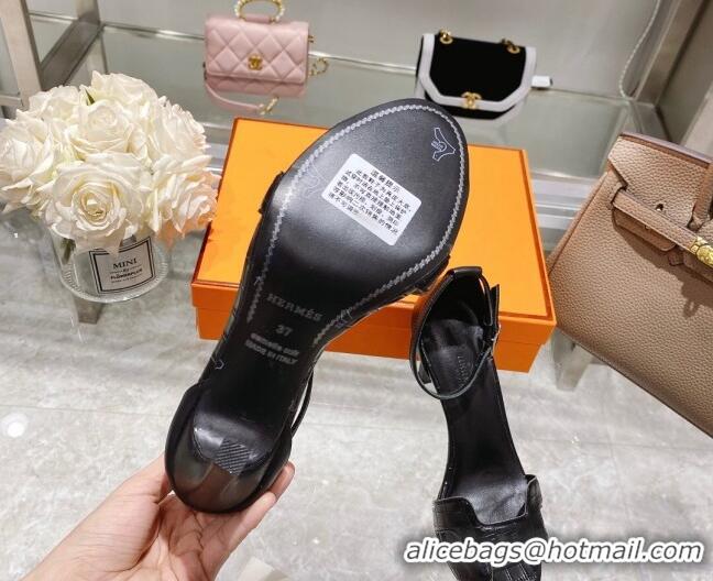 Best Grade Hermes Premiere Crocodile Embossed Leather High Heel 9cm Sandals 0216112 Black