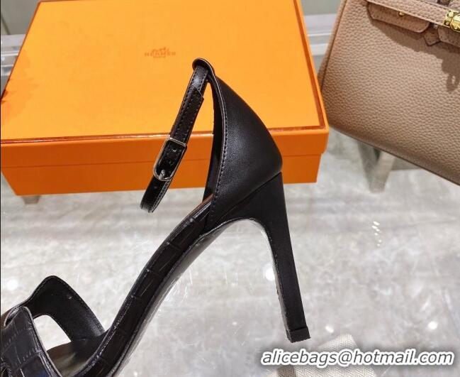 Best Grade Hermes Premiere Crocodile Embossed Leather High Heel 9cm Sandals 0216112 Black