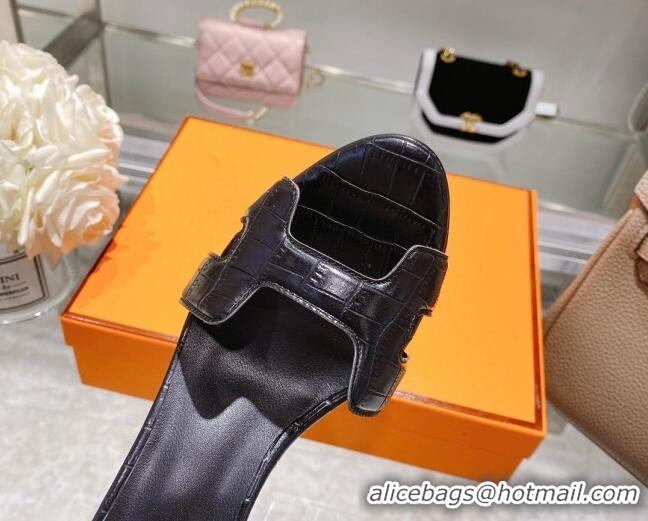 Best Grade Hermes Premiere Crocodile Embossed Leather High Heel 9cm Sandals 0216112 Black