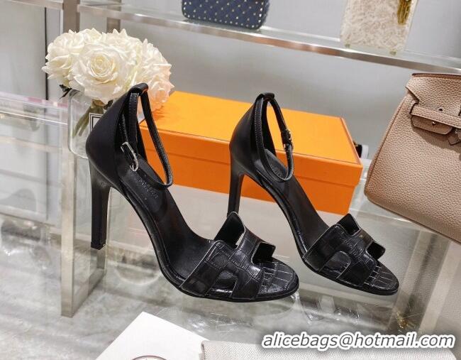 Best Grade Hermes Premiere Crocodile Embossed Leather High Heel 9cm Sandals 0216112 Black