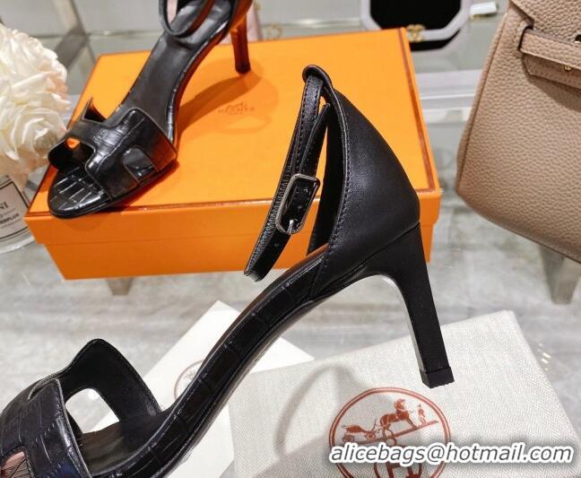 Top Design Hermes Premiere Crocodile Embossed Leather Medium Heel 7cm Sandals 0216113 Black