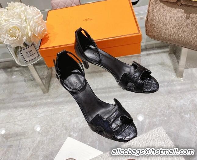 Top Design Hermes Premiere Crocodile Embossed Leather Medium Heel 7cm Sandals 0216113 Black