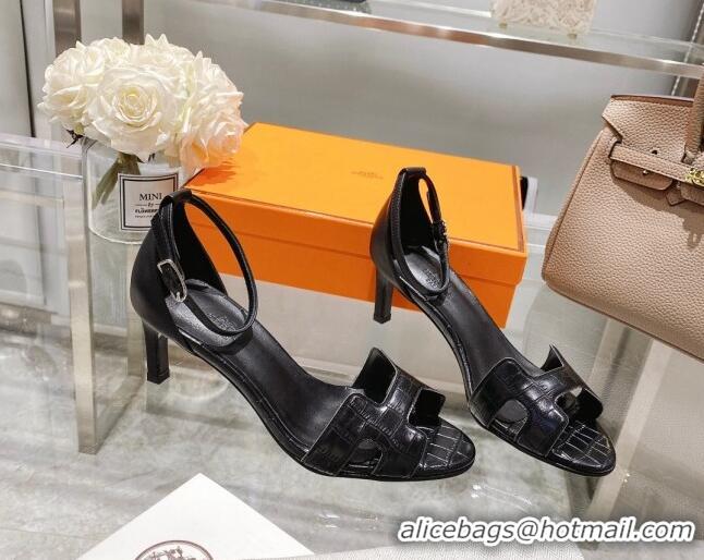 Top Design Hermes Premiere Crocodile Embossed Leather Medium Heel 7cm Sandals 0216113 Black