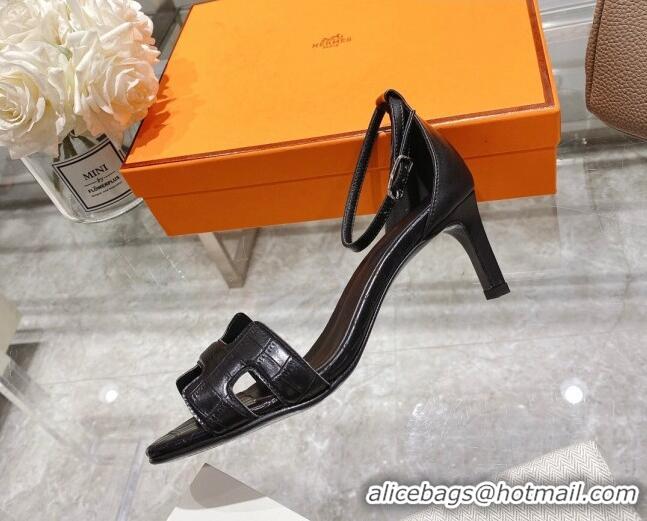 Top Design Hermes Premiere Crocodile Embossed Leather Medium Heel 7cm Sandals 0216113 Black