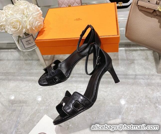 Top Design Hermes Premiere Crocodile Embossed Leather Medium Heel 7cm Sandals 0216113 Black