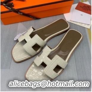 Top Grade Hermes Oran Stone Embossed Leather Flat Slide Sandals 0216114 White