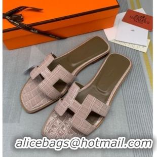 Low Price Hermes Oran Stone Embossed Leather Flat Slide Sandals 0216114 Beige