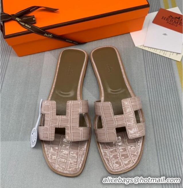 Low Price Hermes Oran Stone Embossed Leather Flat Slide Sandals 0216114 Beige