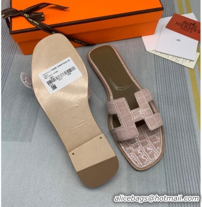 Low Price Hermes Oran Stone Embossed Leather Flat Slide Sandals 0216114 Beige