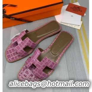 Pretty Style Hermes Oran Stone Embossed Leather Flat Slide Sandals 0216114 Pink