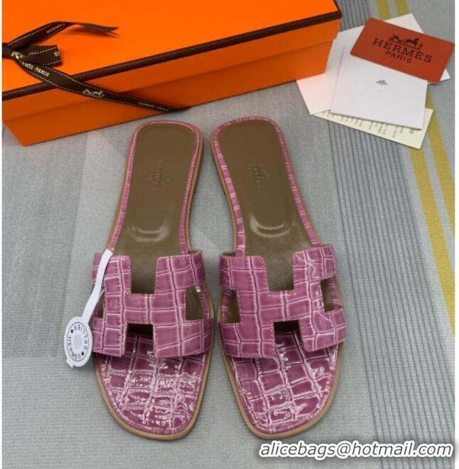 Pretty Style Hermes Oran Stone Embossed Leather Flat Slide Sandals 0216114 Pink