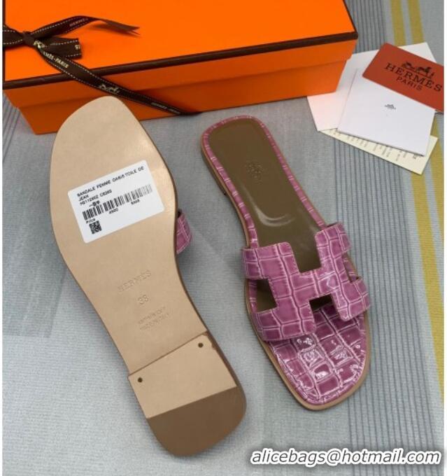 Pretty Style Hermes Oran Stone Embossed Leather Flat Slide Sandals 0216114 Pink