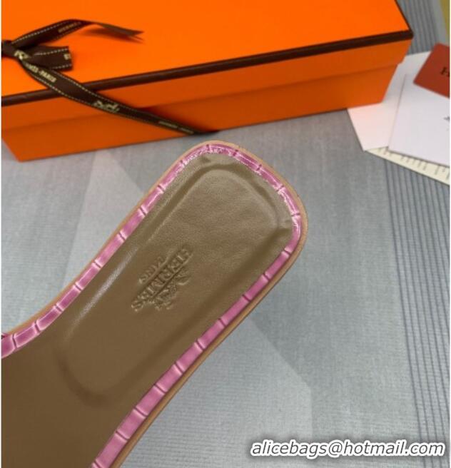 Pretty Style Hermes Oran Stone Embossed Leather Flat Slide Sandals 0216114 Pink