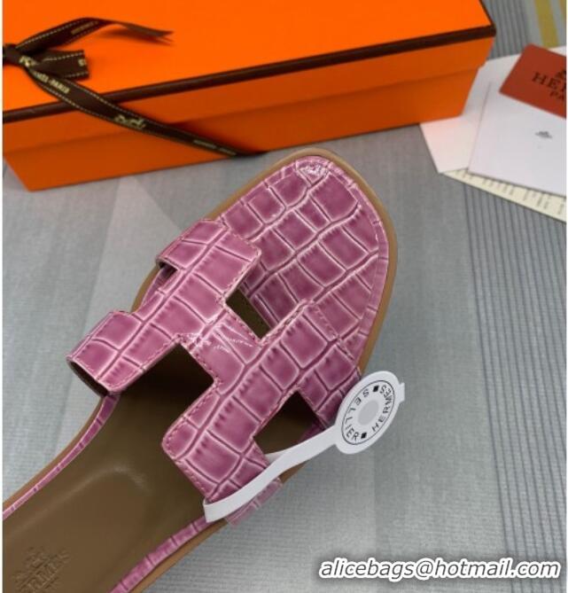 Pretty Style Hermes Oran Stone Embossed Leather Flat Slide Sandals 0216114 Pink