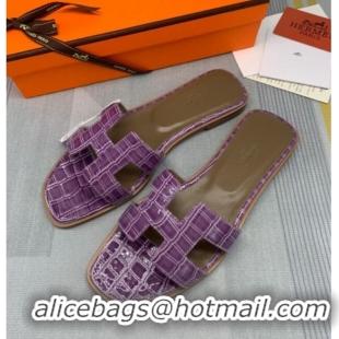 Discount Hermes Oran Stone Embossed Leather Flat Slide Sandals 0216114 Purple