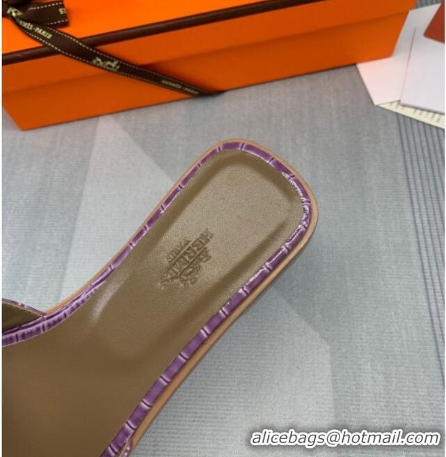 Discount Hermes Oran Stone Embossed Leather Flat Slide Sandals 0216114 Purple