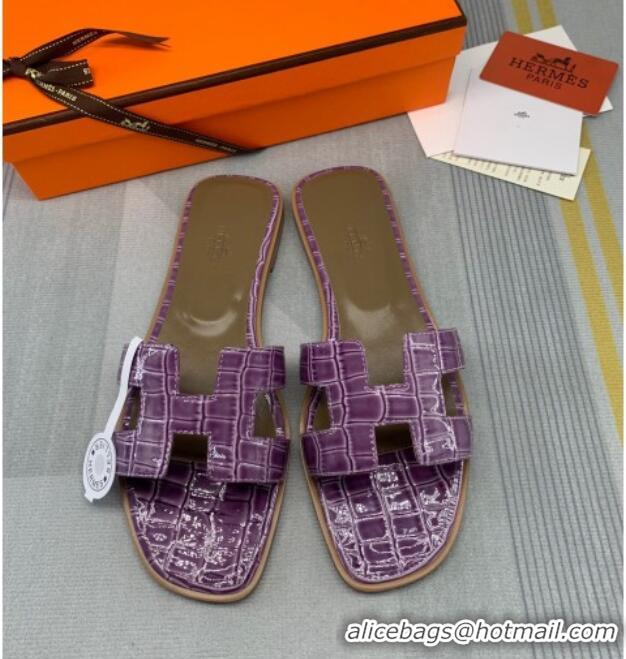 Discount Hermes Oran Stone Embossed Leather Flat Slide Sandals 0216114 Purple