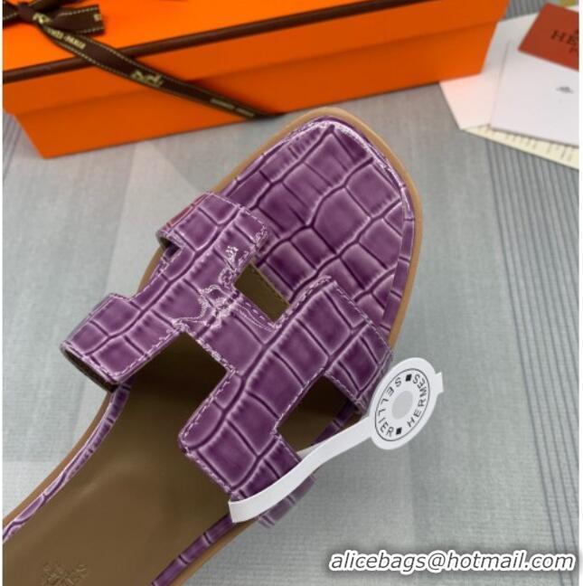 Discount Hermes Oran Stone Embossed Leather Flat Slide Sandals 0216114 Purple