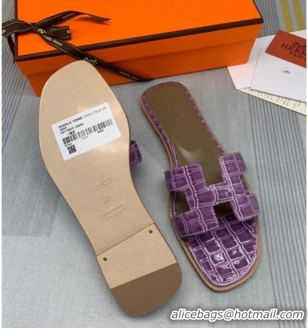 Discount Hermes Oran Stone Embossed Leather Flat Slide Sandals 0216114 Purple