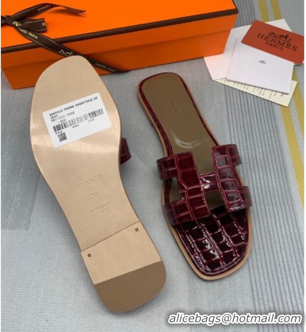 Shop Duplicate Hermes Oran Stone Embossed Leather Flat Slide Sandals 0216114 Burgundy