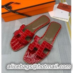 Best Price Hermes Oran Stone Embossed Leather Flat Slide Sandals 0216114 Red