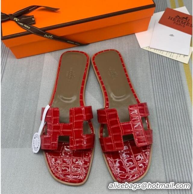 Best Price Hermes Oran Stone Embossed Leather Flat Slide Sandals 0216114 Red