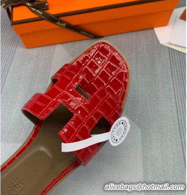 Best Price Hermes Oran Stone Embossed Leather Flat Slide Sandals 0216114 Red