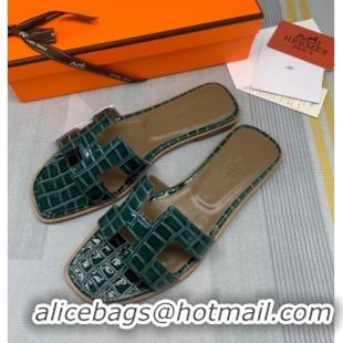 Popular Style Hermes Oran Stone Embossed Leather Flat Slide Sandals 0216114 Dark Green