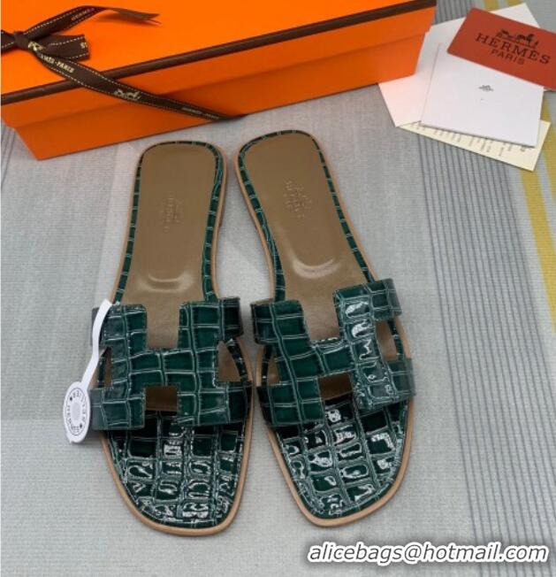 Popular Style Hermes Oran Stone Embossed Leather Flat Slide Sandals 0216114 Dark Green