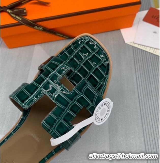 Popular Style Hermes Oran Stone Embossed Leather Flat Slide Sandals 0216114 Dark Green