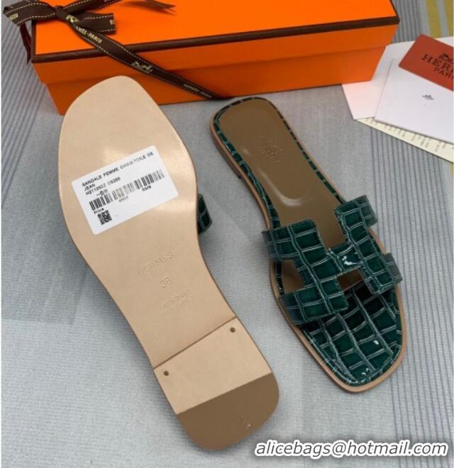 Popular Style Hermes Oran Stone Embossed Leather Flat Slide Sandals 0216114 Dark Green