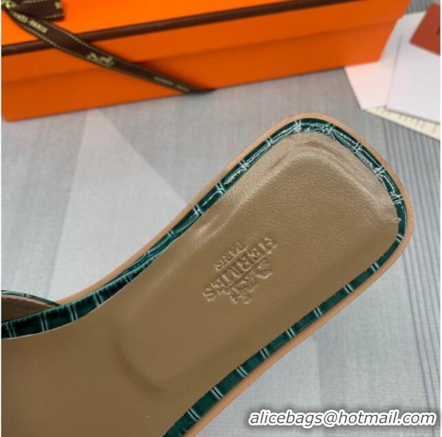 Popular Style Hermes Oran Stone Embossed Leather Flat Slide Sandals 0216114 Dark Green